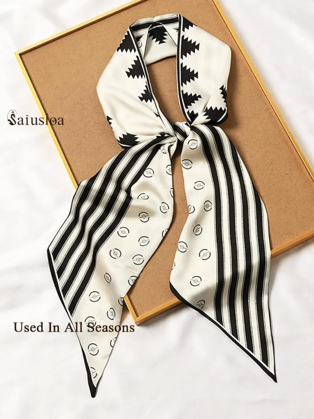 Women's Black and White Geometry Head Scarves Long Skinny Silky Hair Bags Scarf